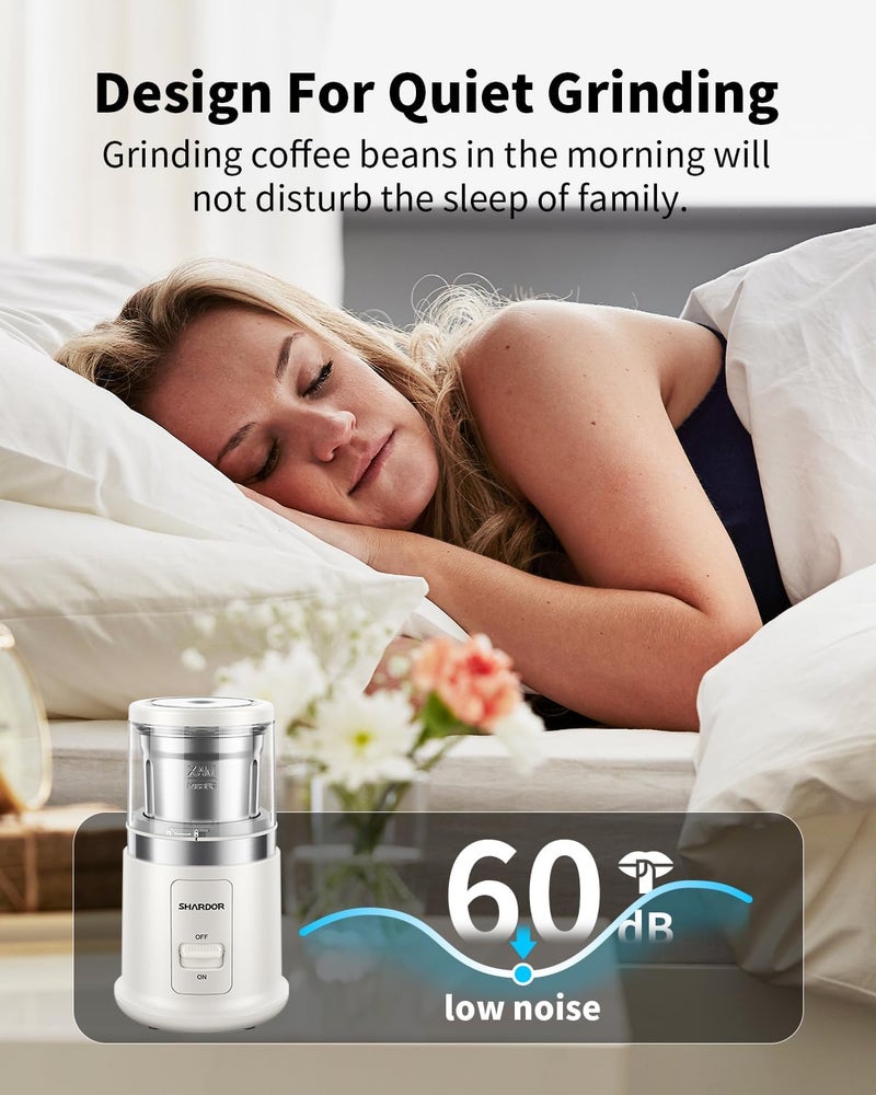 SHARDOR مطحنة قهوة كهربائية بلمسة واحدة، توابل، أعشاب، لحبوب القهوة والتوابل والبذور مع وعاء فولاذي مقاوم للصدأ قابل للإزالة، مطحنة جافة، بيضاء - Image 5